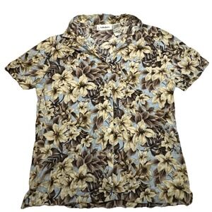Cathy Basics Women's Small Blue Brown Tropical Floral Rayon Button Up Shirt